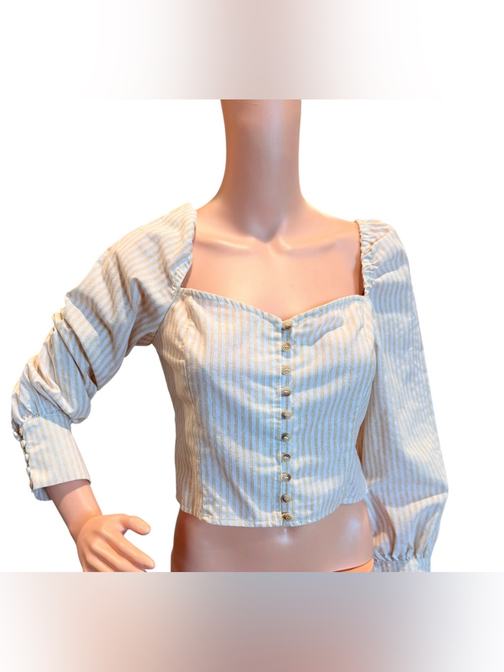 Striped Square-Neck Button Front Crop Corset Top Cream Tan Striped Medium - Picture 4 of 8